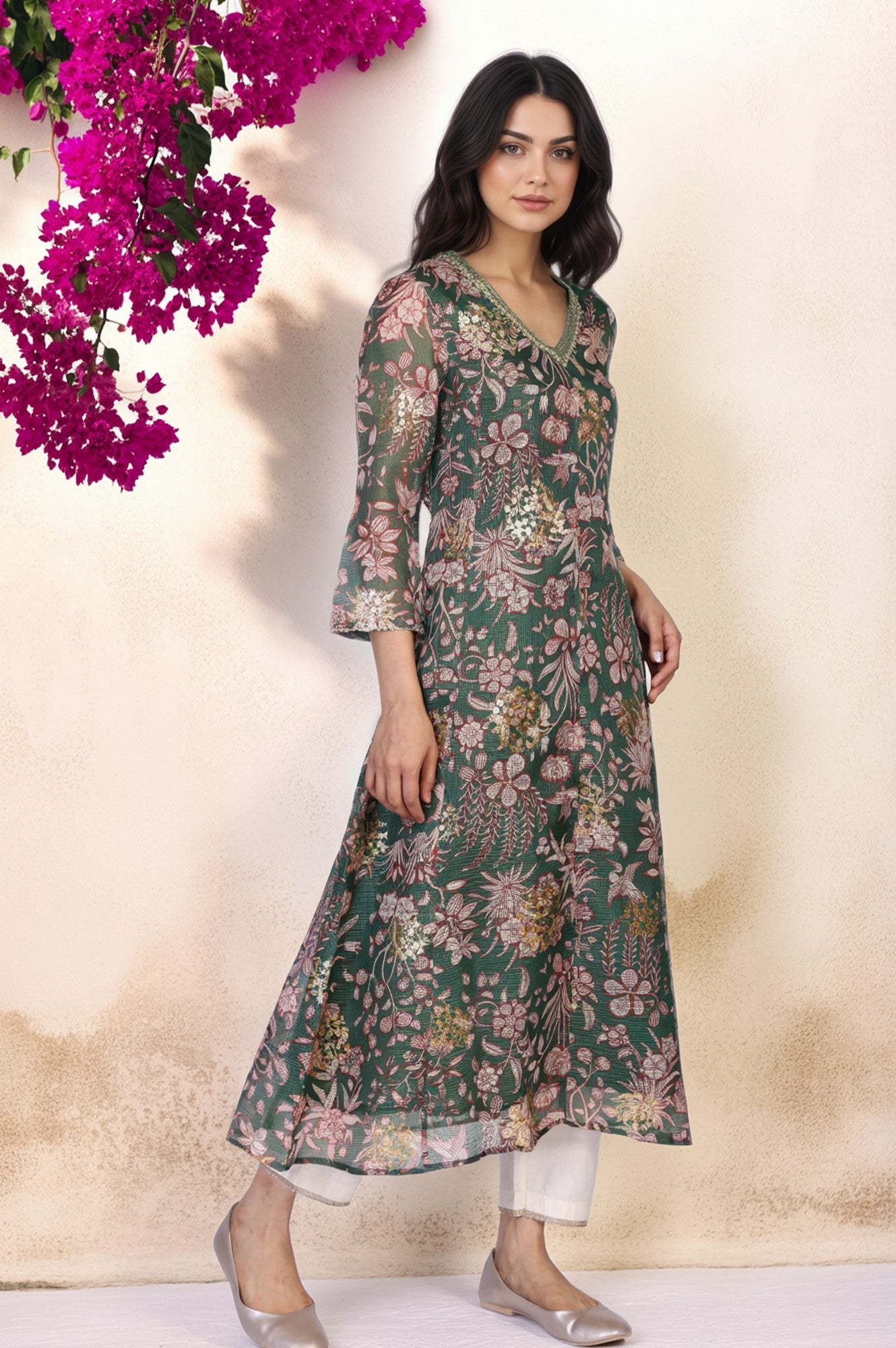 Green Floral Print Dori Embroidery Straight Kota Doria Kurta