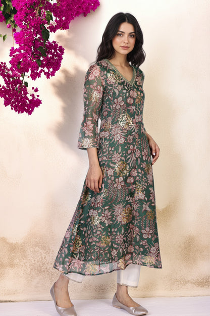 Green Floral Print Dori Embroidery Straight Kota Doria Kurta