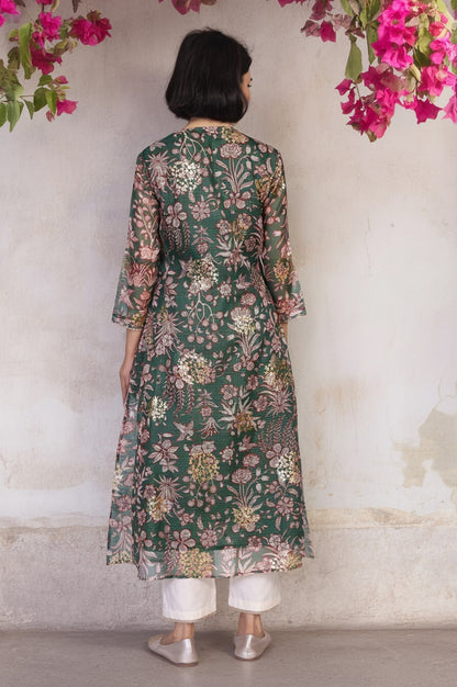 Green Floral Print Dori Embroidery Straight Kota Doria Kurta
