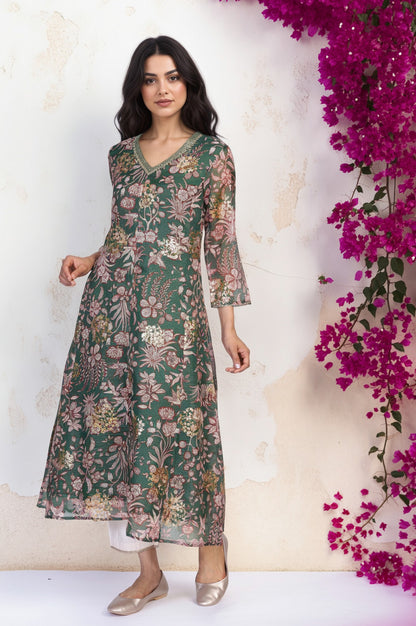 Green Floral Print Dori Embroidery Straight Kota Doria Kurta