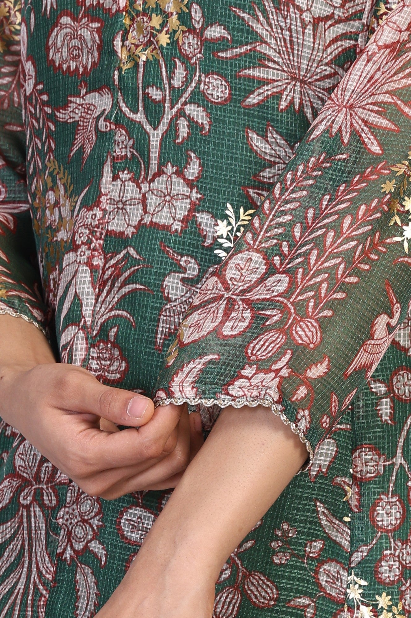 Green Floral Print Dori Embroidery Straight Kota Doria Kurta