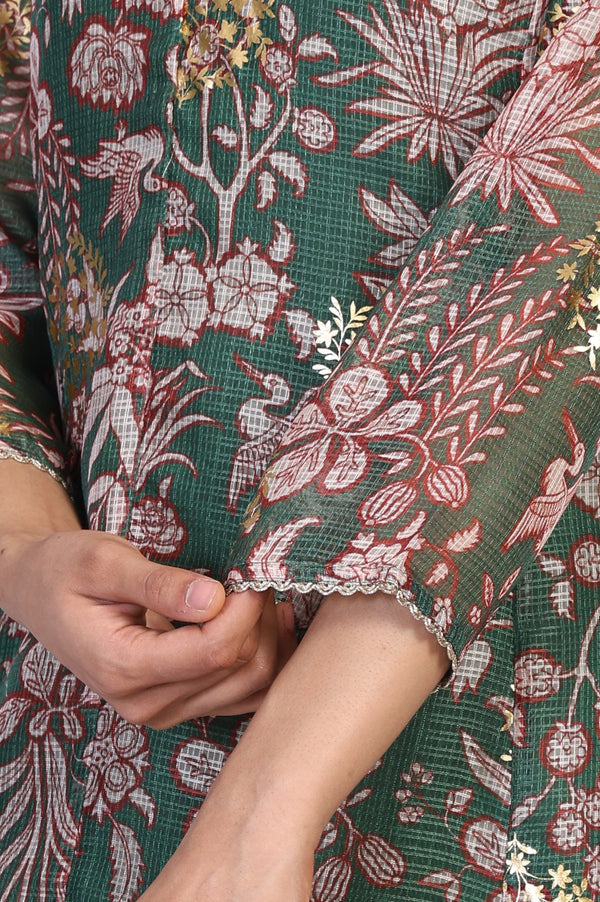 Green Floral Print Dori Embroidery Straight Kota Doria Kurta