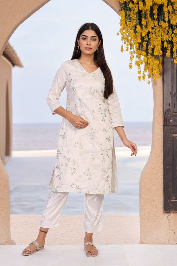 Off-White Embroidered Straight Viscose Kurta