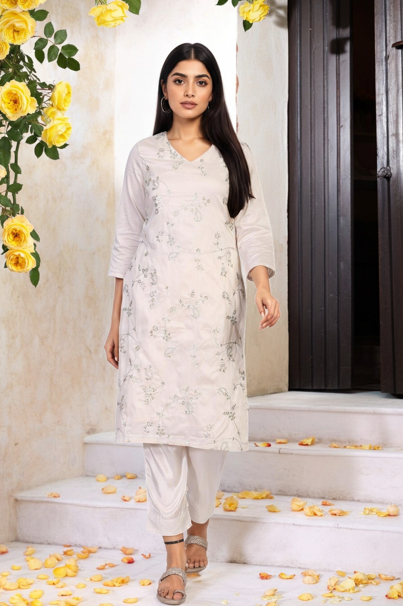 Off-White Embroidered Straight Viscose Kurta