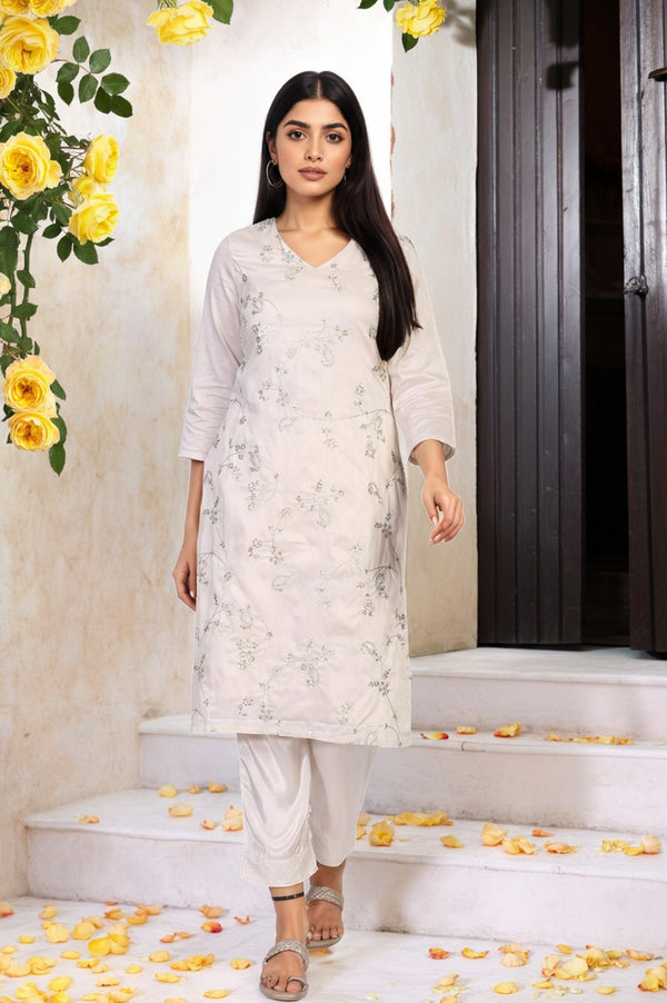 Off-White Embroidered Straight Viscose Kurta