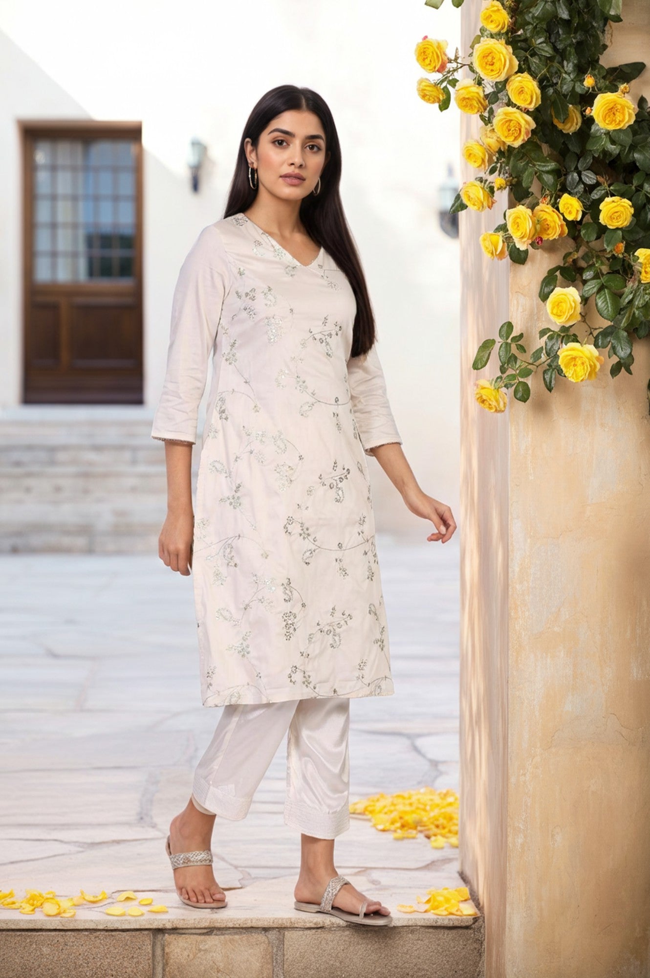 Off-White Embroidered Straight Viscose Kurta