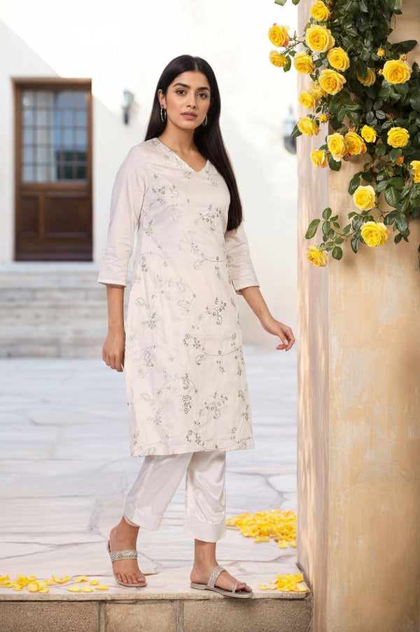 Off-White Embroidered Straight Viscose Kurta