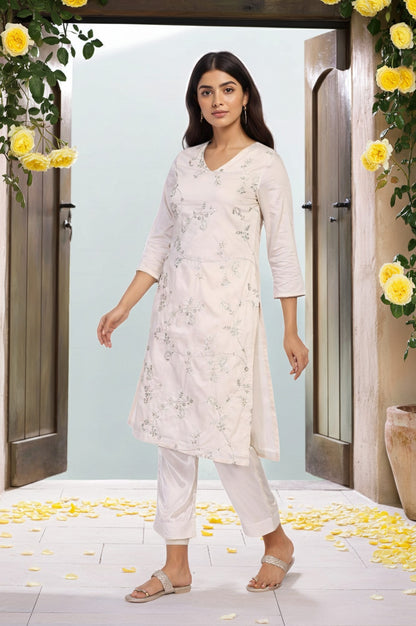 Off-White Embroidered Straight Viscose Kurta
