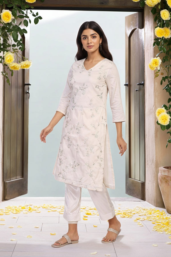 Off-White Embroidered Straight Viscose Kurta