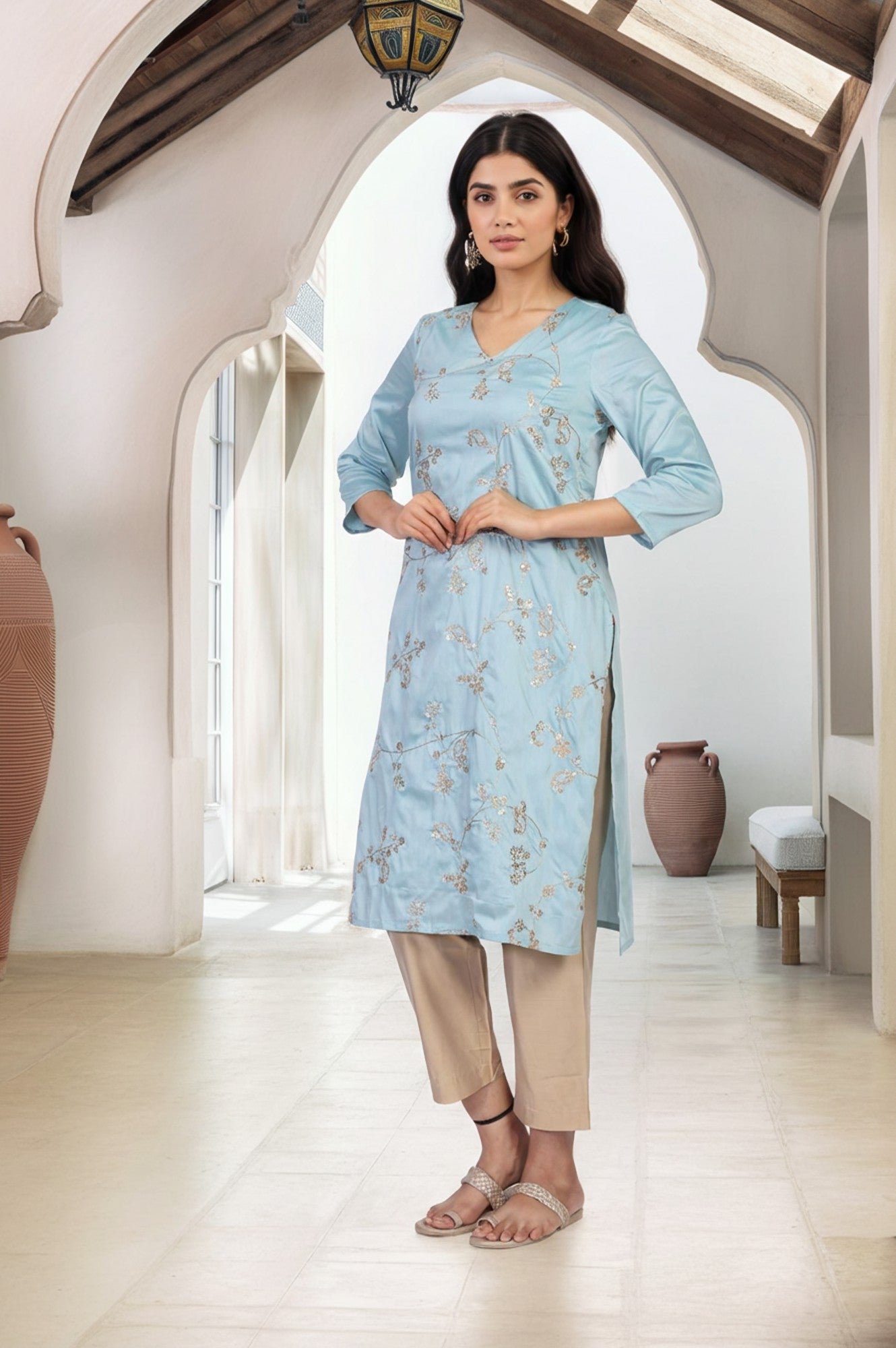 Blue Embroidered Straight Rayon Kurta
