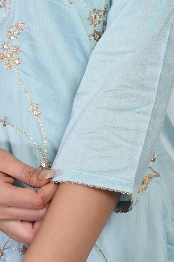 Blue Embroidered Straight Rayon Kurta