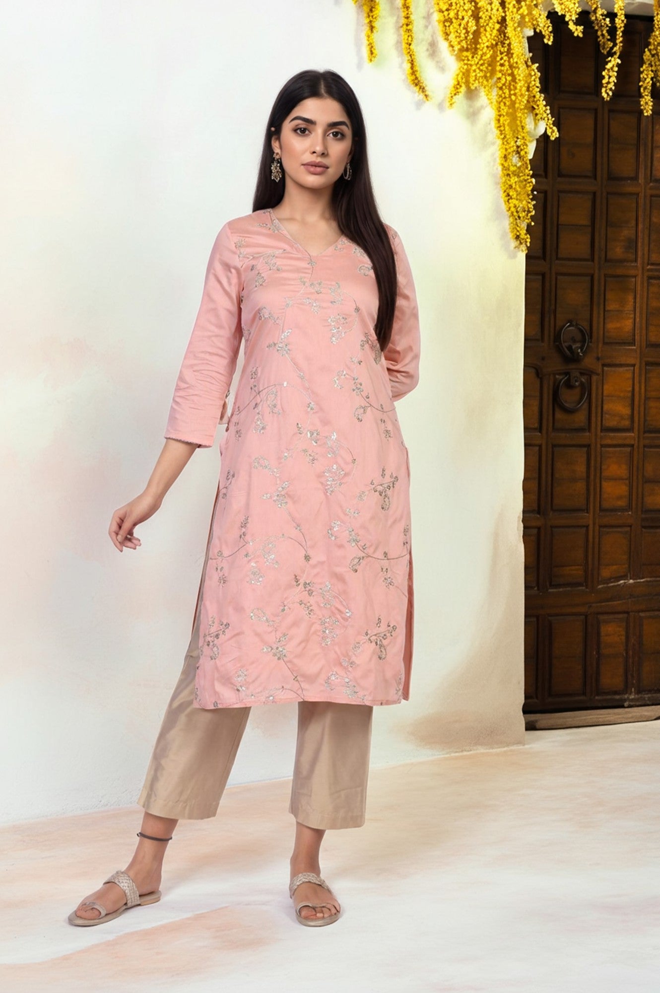 Pink Embroidered Straight Rayon Kurta