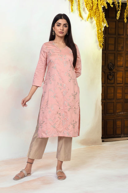 Pink Embroidered Straight Rayon Kurta