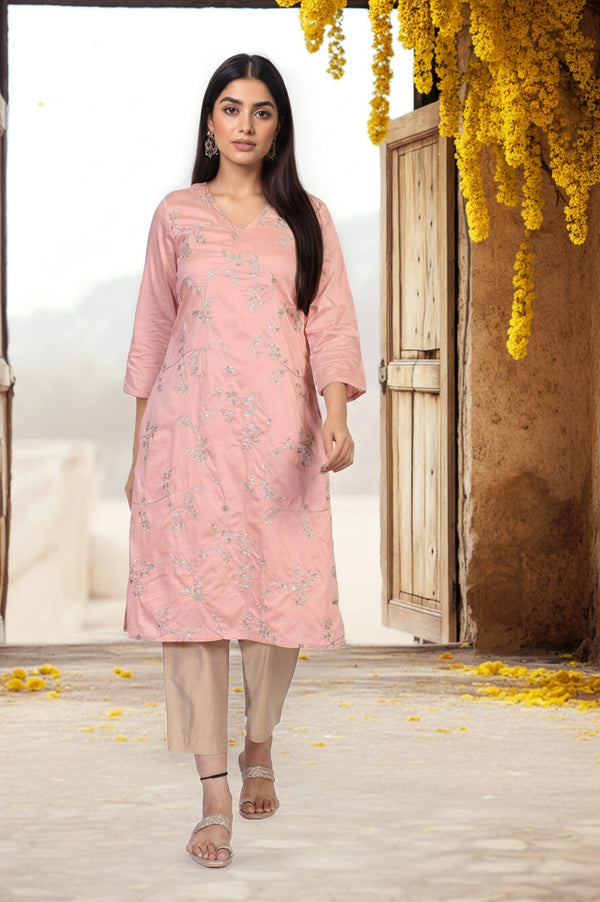 Pink Embroidered Straight Rayon Kurta