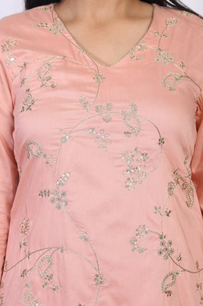 Pink Embroidered Straight Rayon Kurta