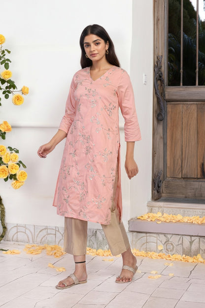 Pink Embroidered Straight Rayon Kurta