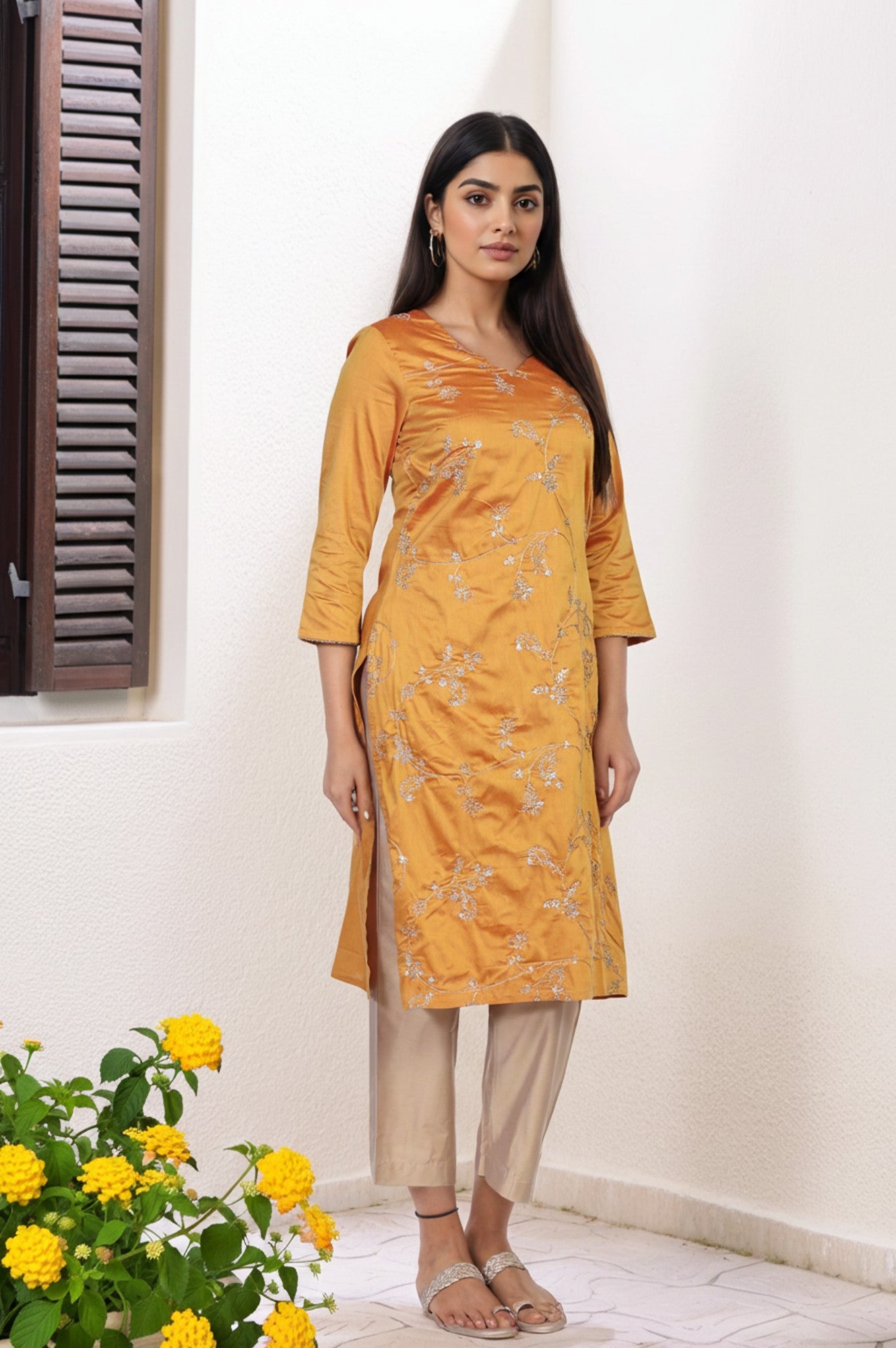 Mustard Embroidered Straight Kurta