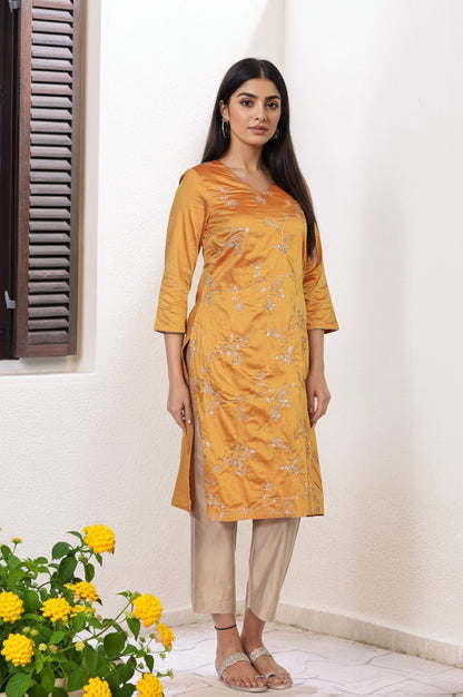 Mustard Embroidered Straight Kurta