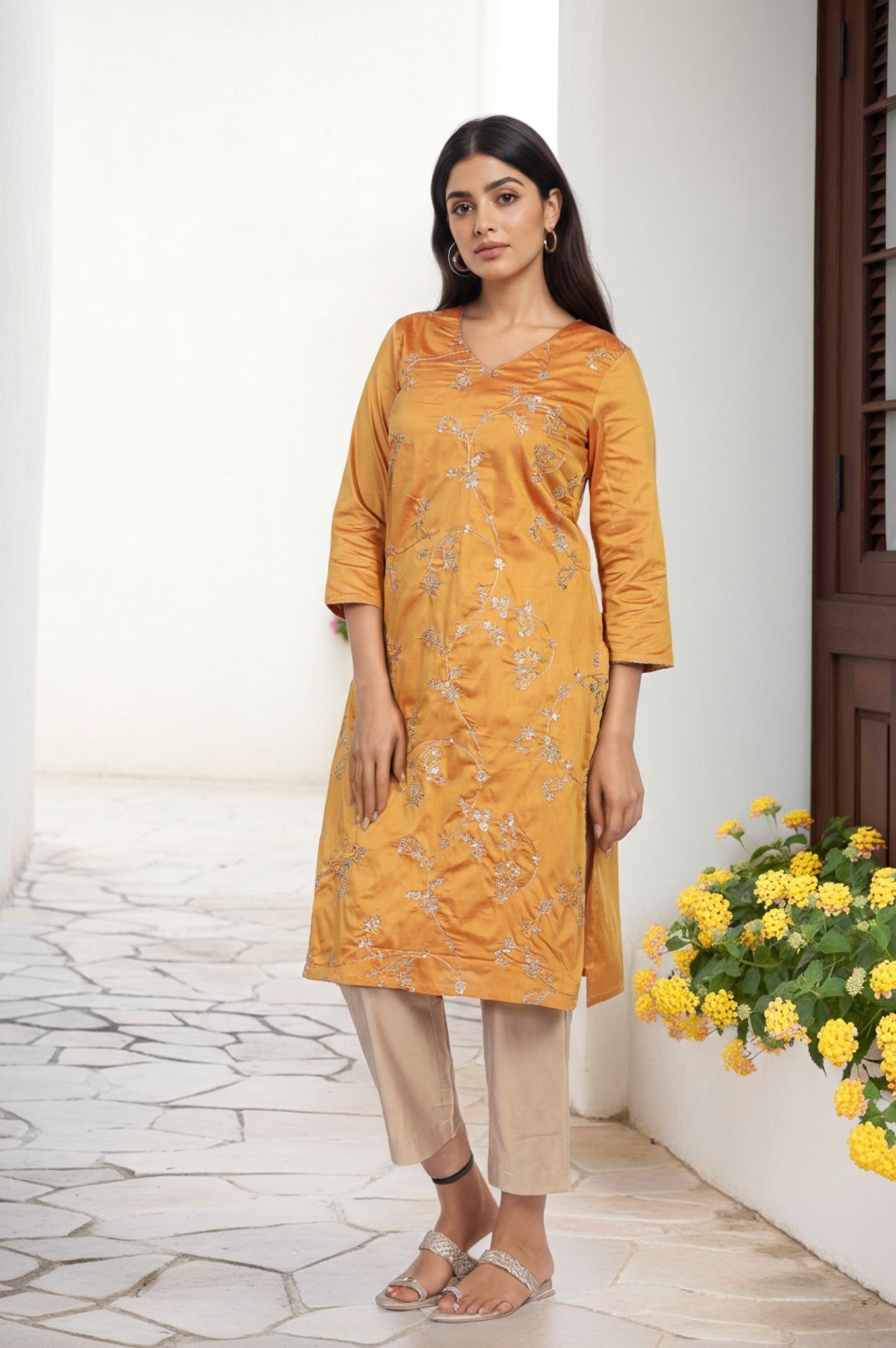 Mustard Embroidered Straight Kurta