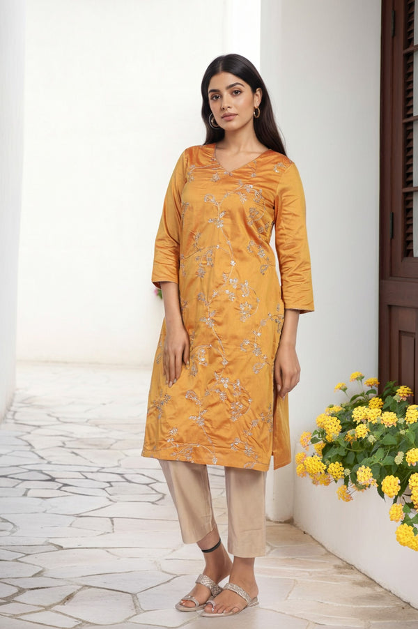Mustard Embroidered Straight Kurta