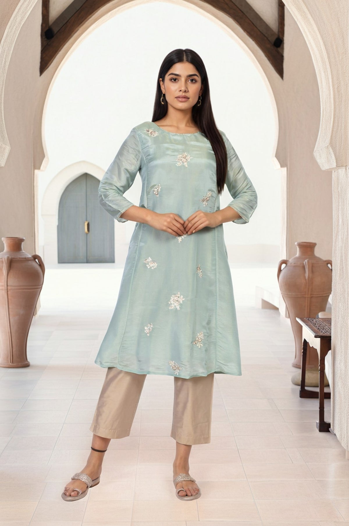 Sea Green Embroidered A-Line Tissue Kurta - XS