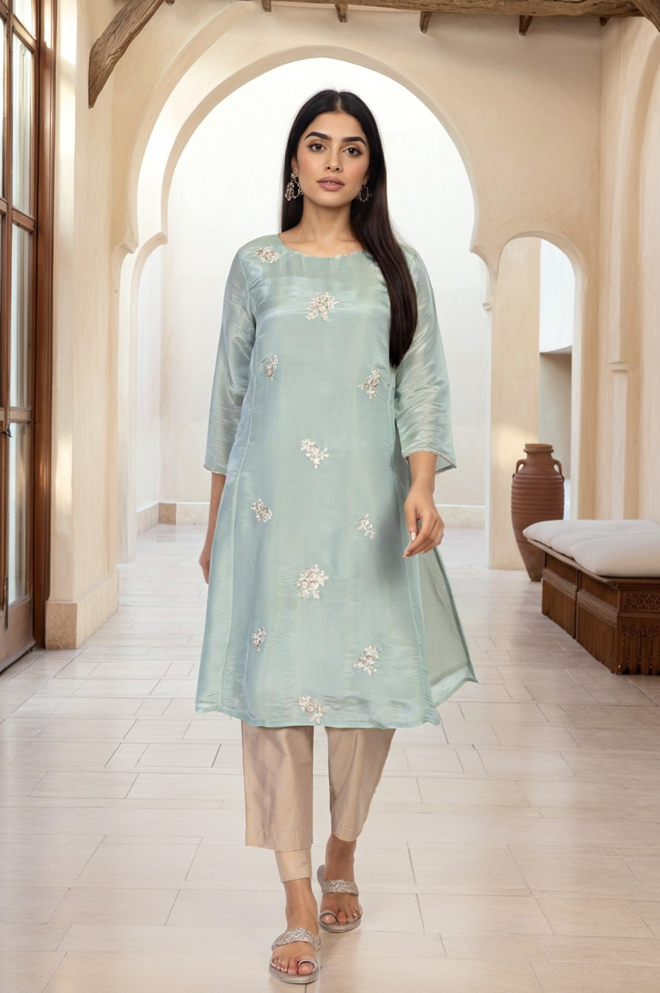 Sea Green Embroidered A-Line Tissue Kurta