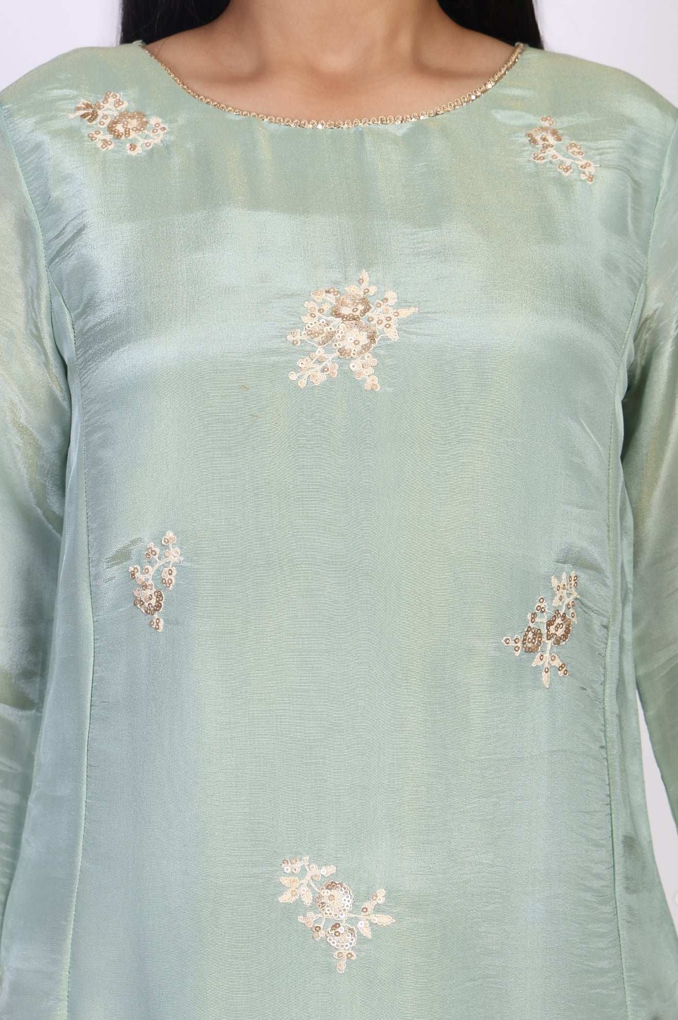 Sea Green Embroidered A-Line Tissue Kurta