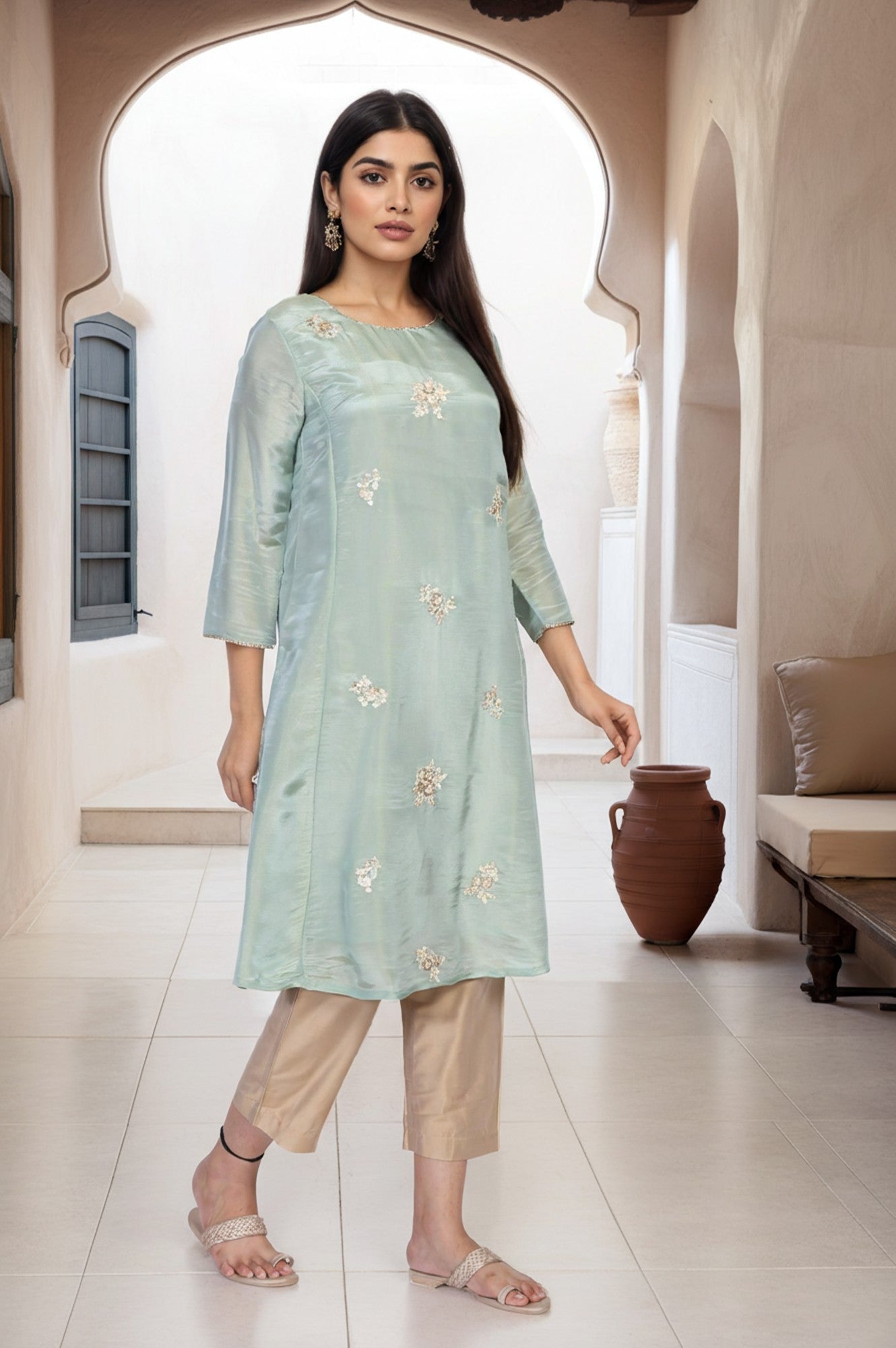 Sea Green Embroidered A-Line Tissue Kurta