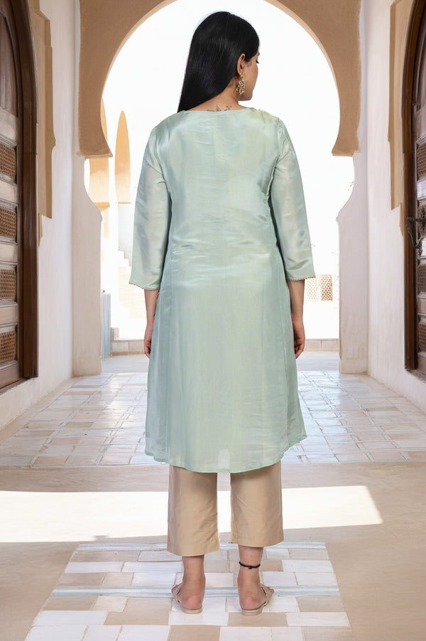 Sea Green Embroidered A-Line Tissue Kurta