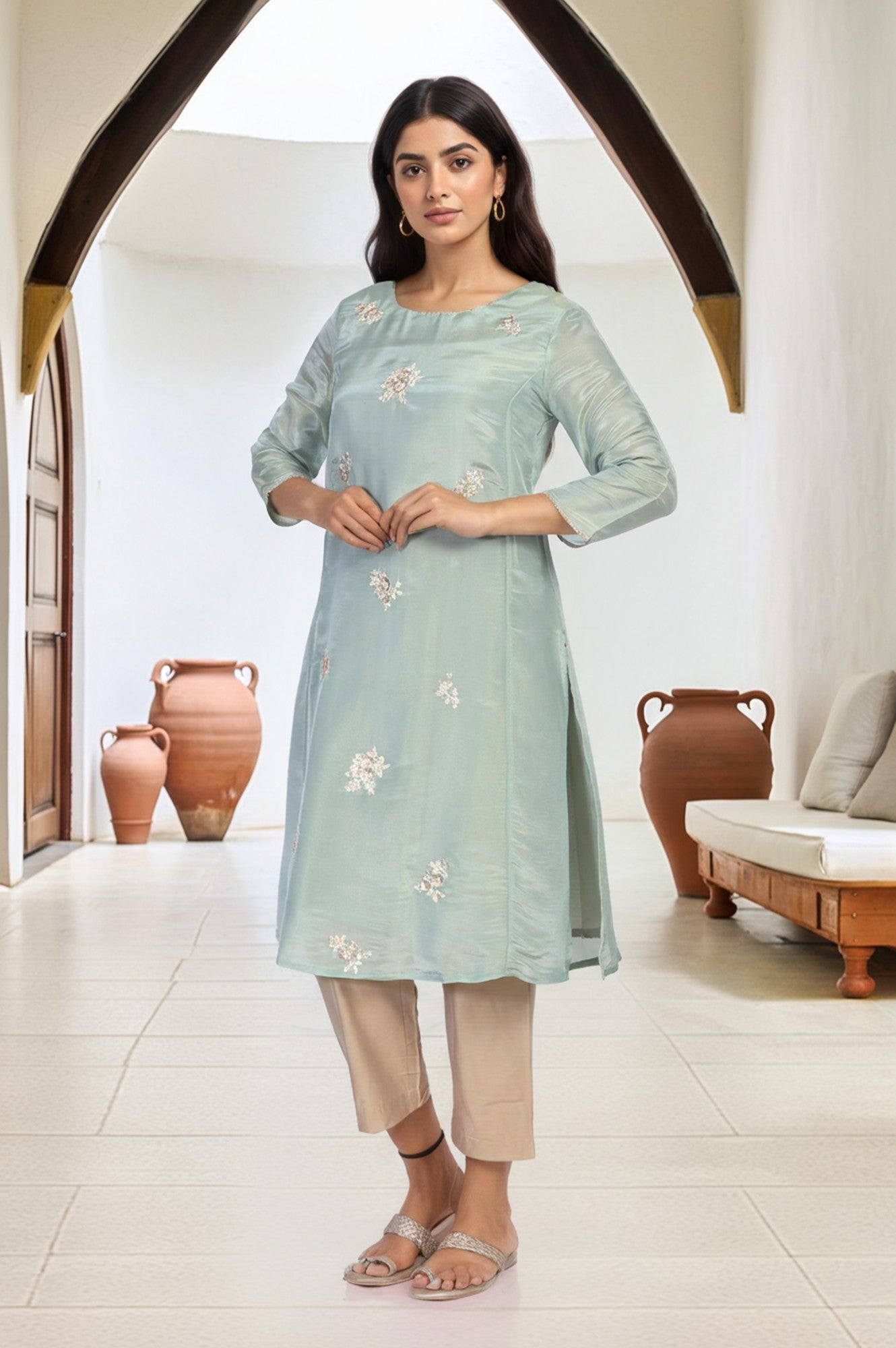 Sea Green Embroidered A-Line Tissue Kurta