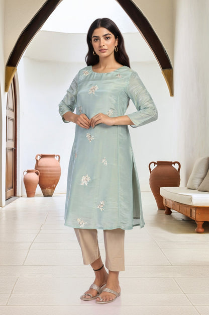 Sea Green Embroidered A-Line Tissue Kurta