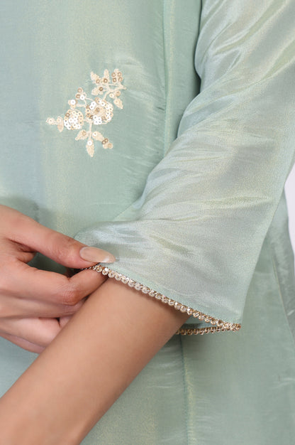Sea Green Embroidered A-Line Tissue Kurta