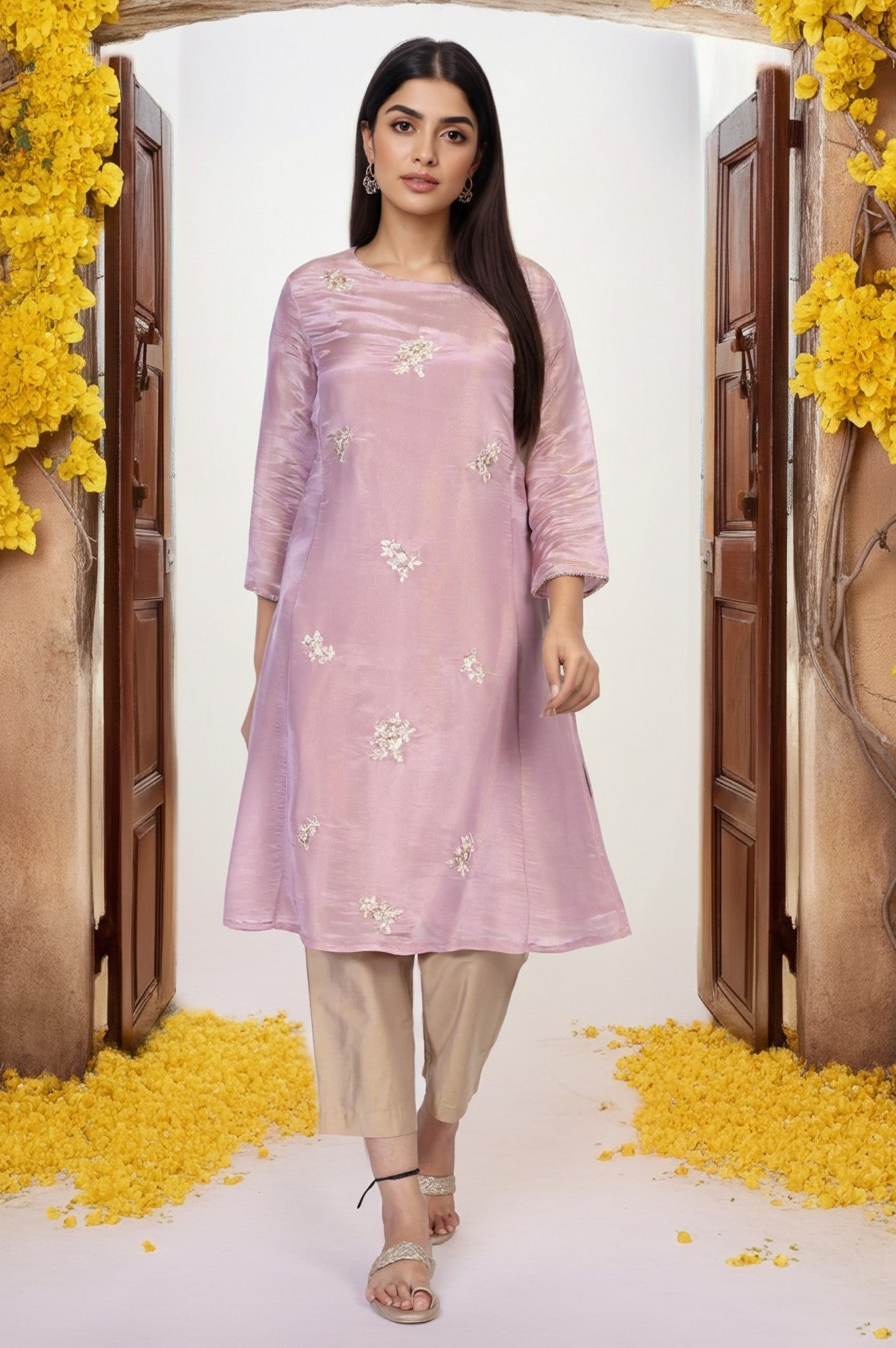 Lavender Embroidered A-Line Tissue Kurta