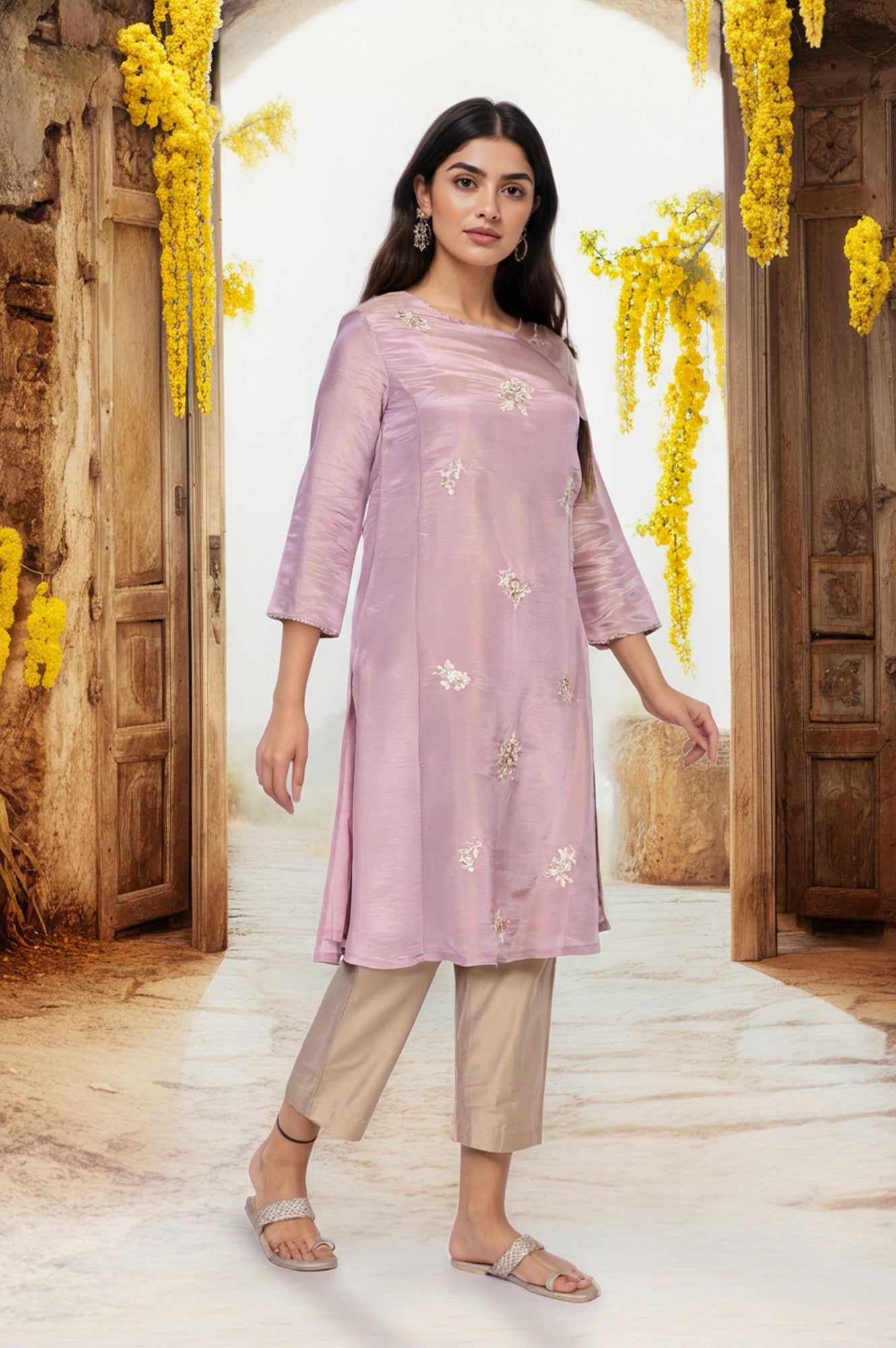 Lavender Embroidered A-Line Tissue Kurta