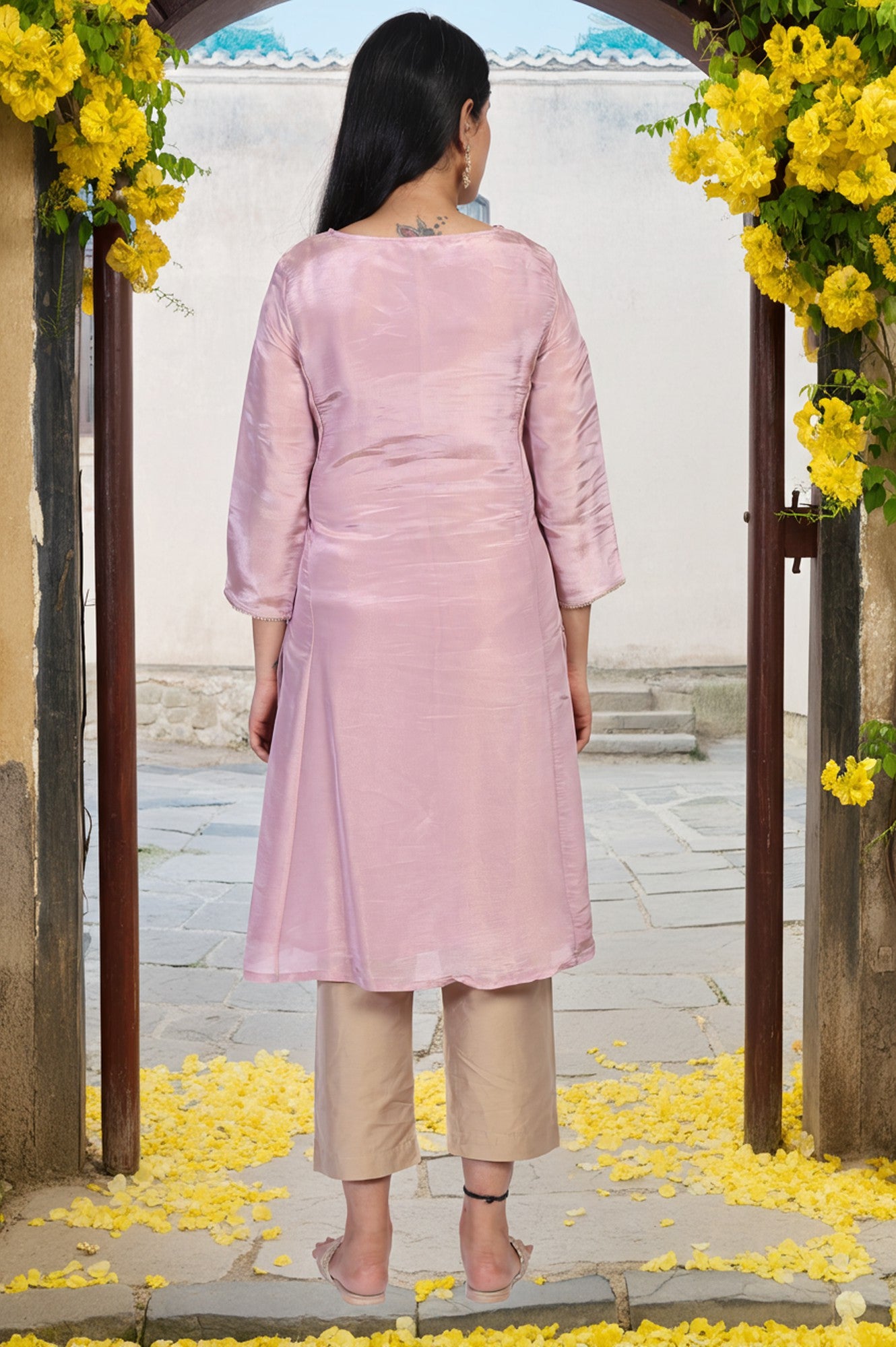 Lavender Embroidered A-Line Tissue Kurta