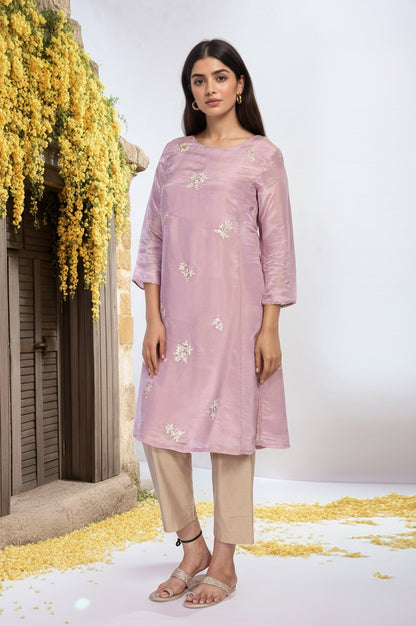 Lavender Embroidered A-Line Tissue Kurta