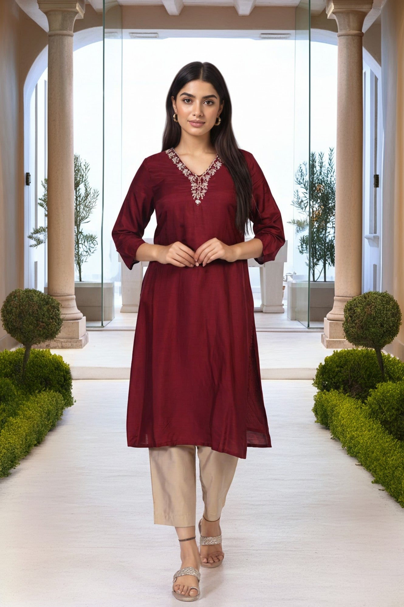 Maroon Embroidered A-Line Silk Kurta