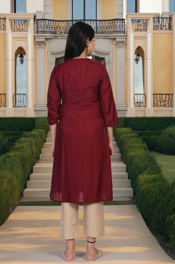 Maroon Embroidered A-Line Silk Kurta