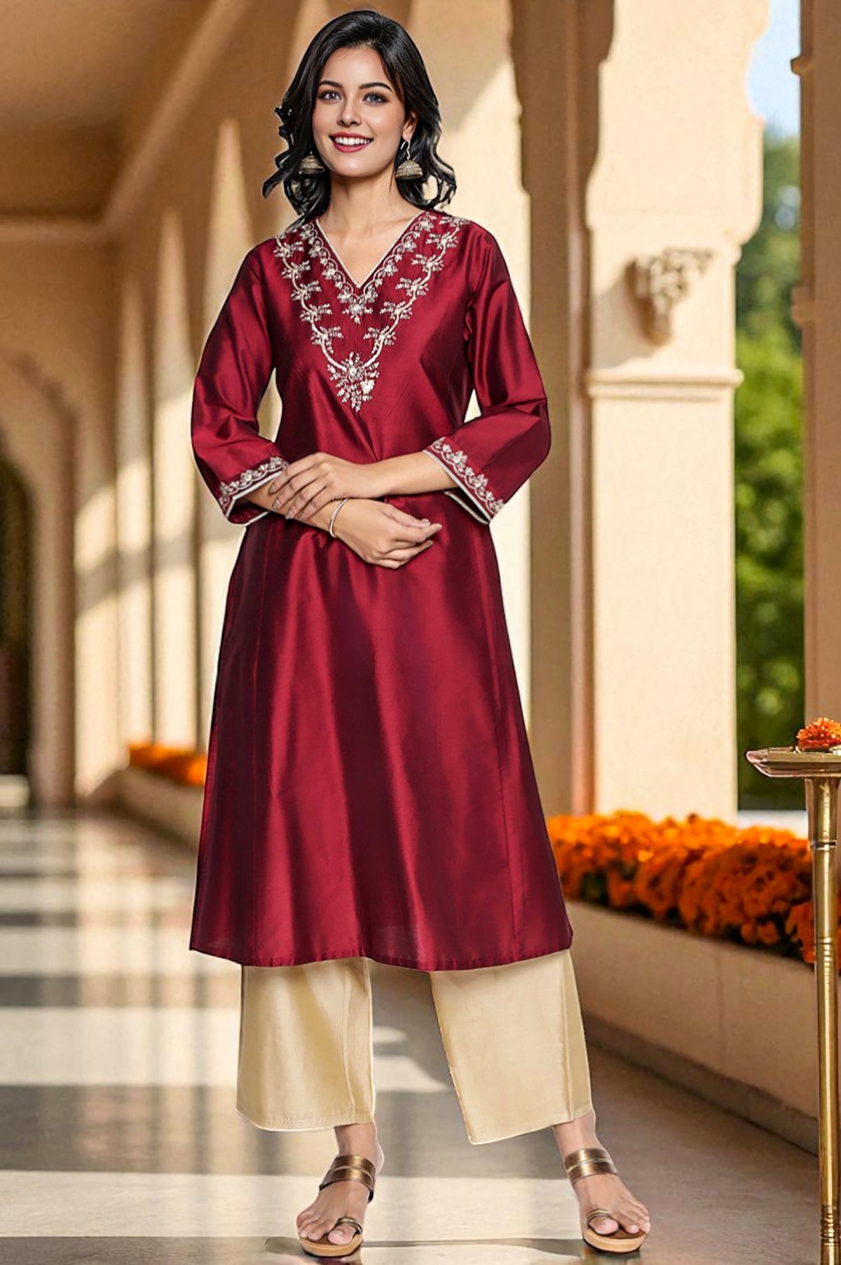 Deep Maroon Solid Printed Flared Kurta - XS