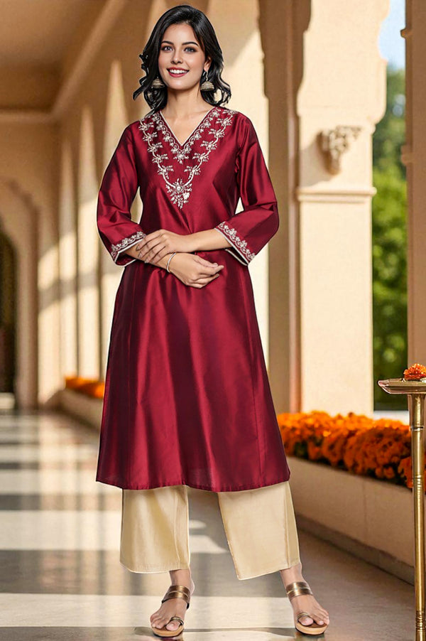 Deep Maroon Solid Printed Flared Kurta
