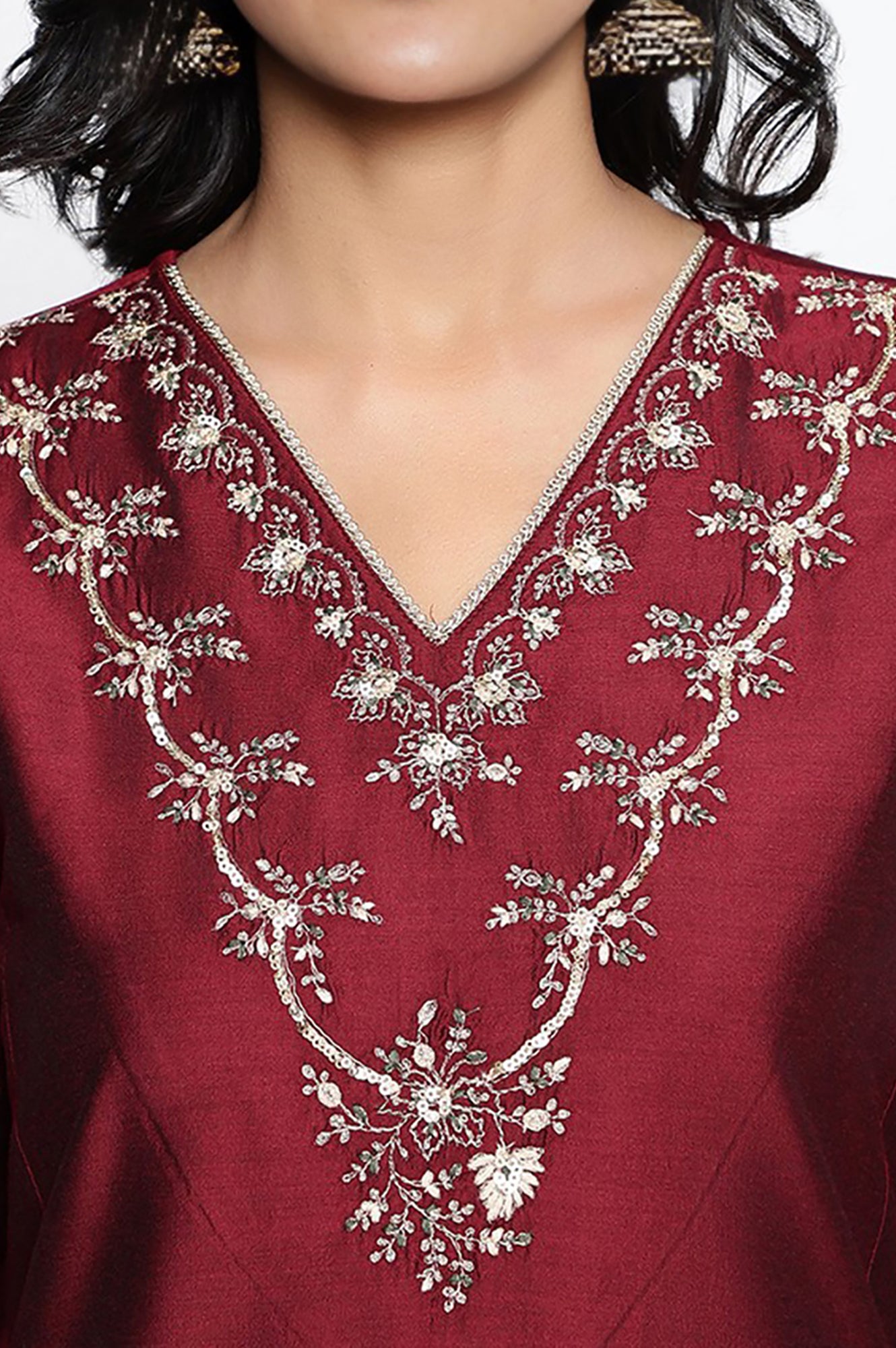 Deep Maroon Solid Printed Flared Kurta