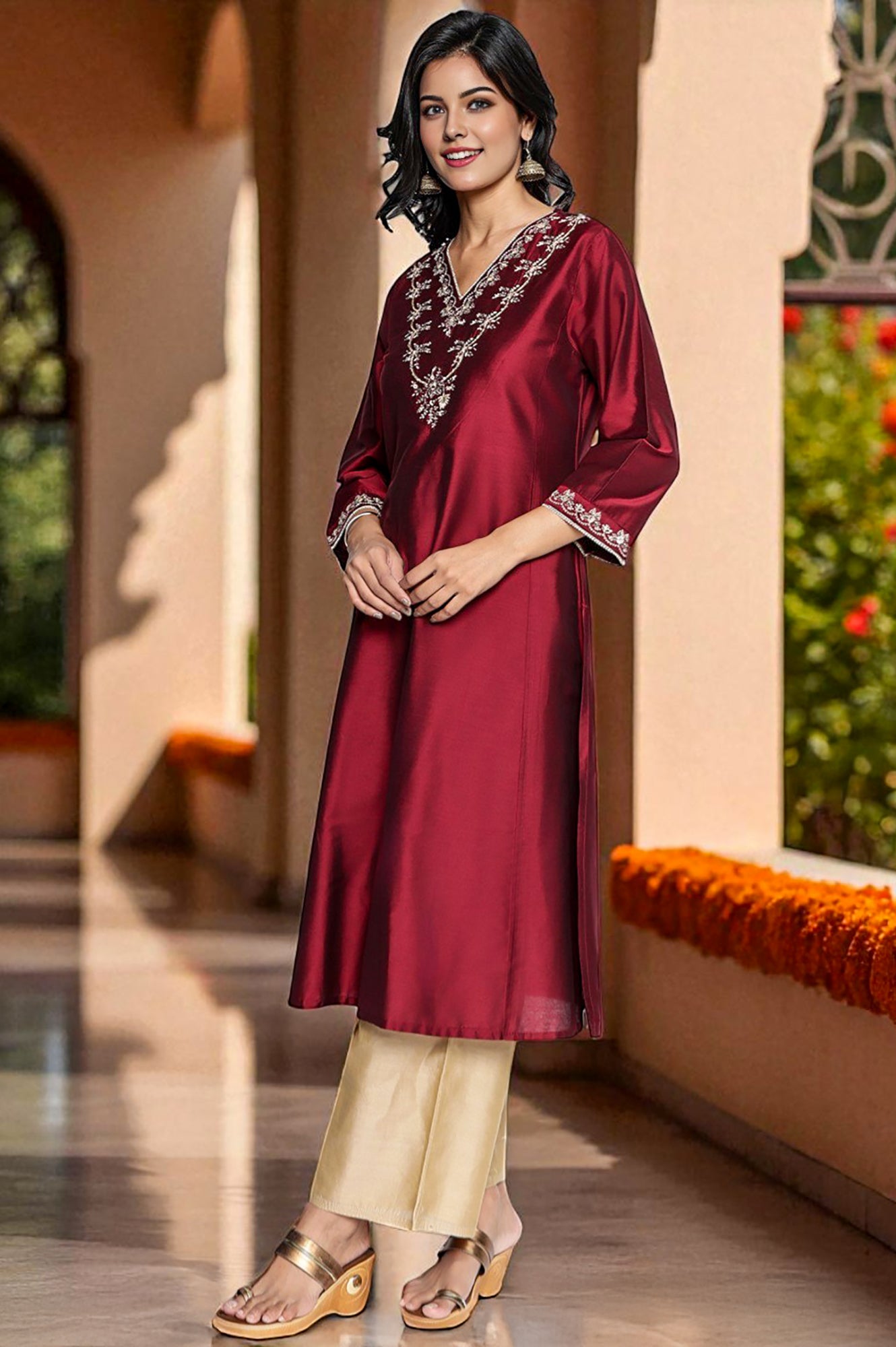 Deep Maroon Solid Printed Flared Kurta