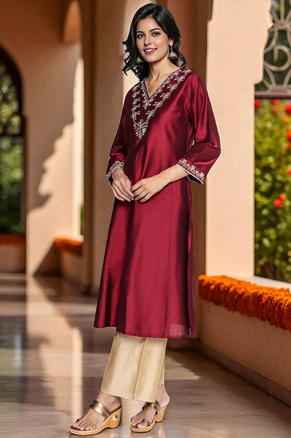 Deep Maroon Solid Printed Flared Kurta