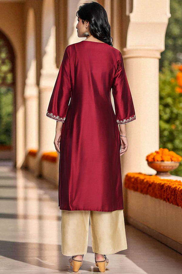 Deep Maroon Solid Printed Flared Kurta