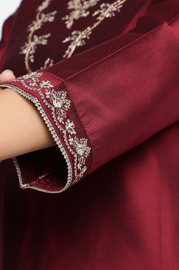 Deep Maroon Solid Printed Flared Kurta