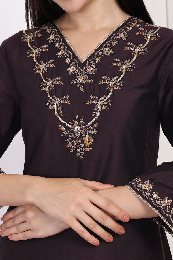 Maroon Embroidered Flared Kurta