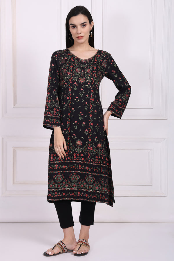 Black Floral Printed Embroidered Straight Kurta