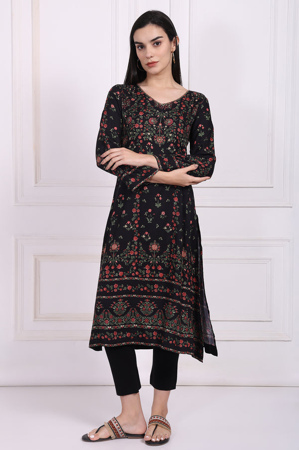 Black Floral Printed Embroidered Straight Kurta