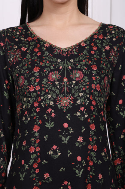 Black Floral Printed Embroidered Straight Kurta