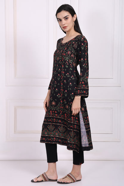 Black Floral Printed Embroidered Straight Kurta